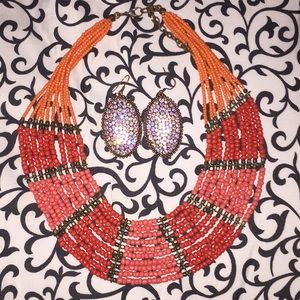 Orange bead Necklace with Rhinestone earrings